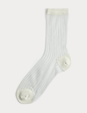 Cotton Blend Sheer Ribbed Sparkly Crew Socks, Ivory Mix