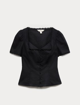Cotton Blend Lace Detail Waisted Top