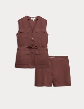 Belted Utility Longline Waistcoat with Linen