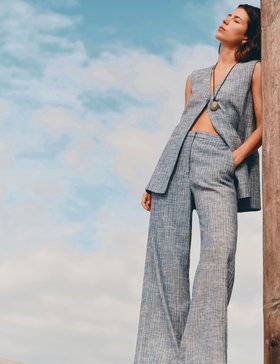 Linen Blend Pinstripe Wide Leg Trousers