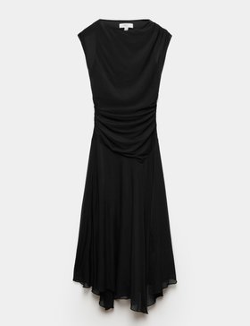 Mesh Slash Neck Draped Midi Waisted Dress