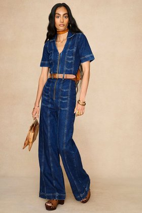 Little Jeanie Indigo Blue Denim Chevron Jumpsuit