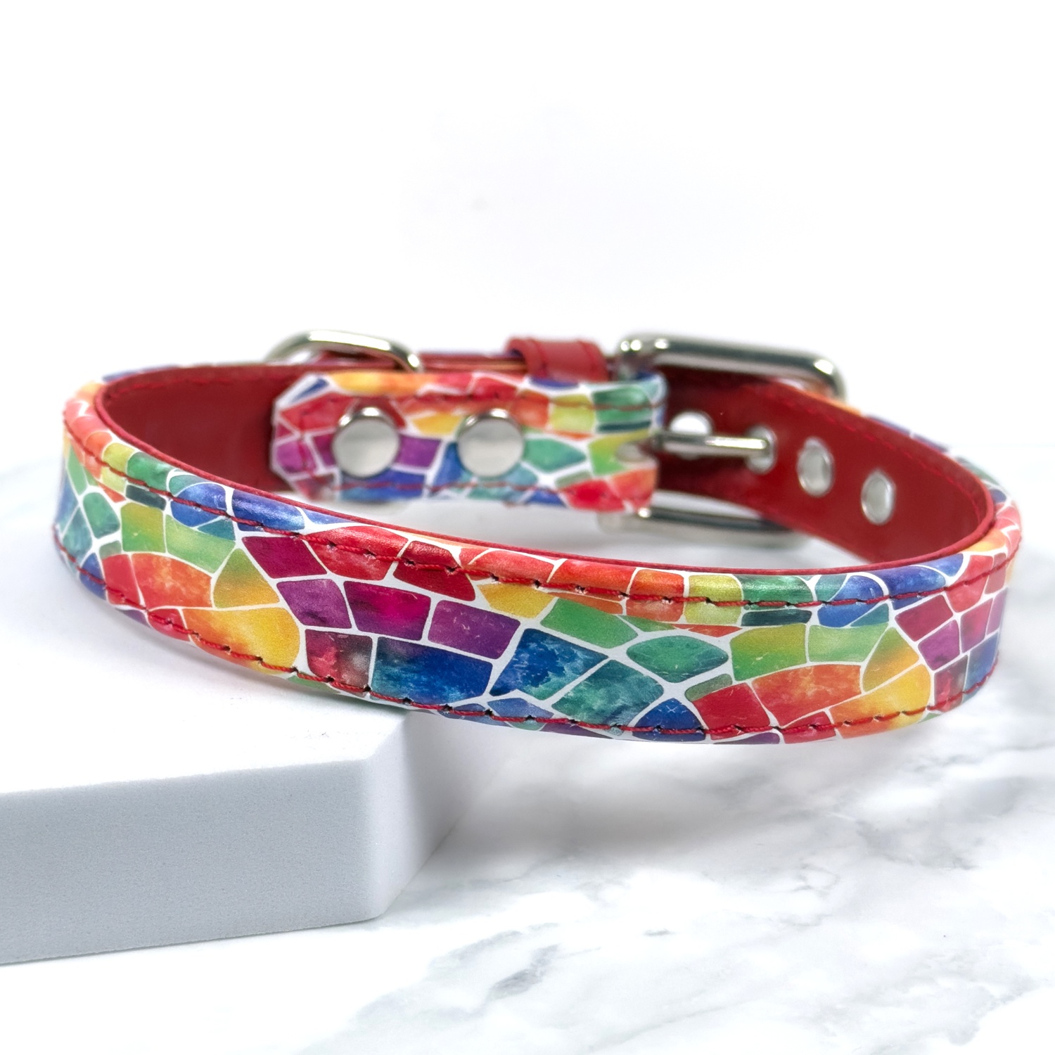 Rainbow Mosaic Leather Dog Collar Petiquette Collars
