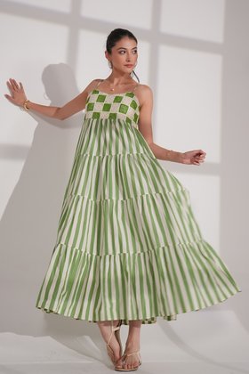 Helena Green Cotton Crochet Stripe Maxi Sun Dress