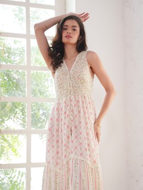 Iris Strawberry Print Mix Cotton Crinkle Maxi Dress
