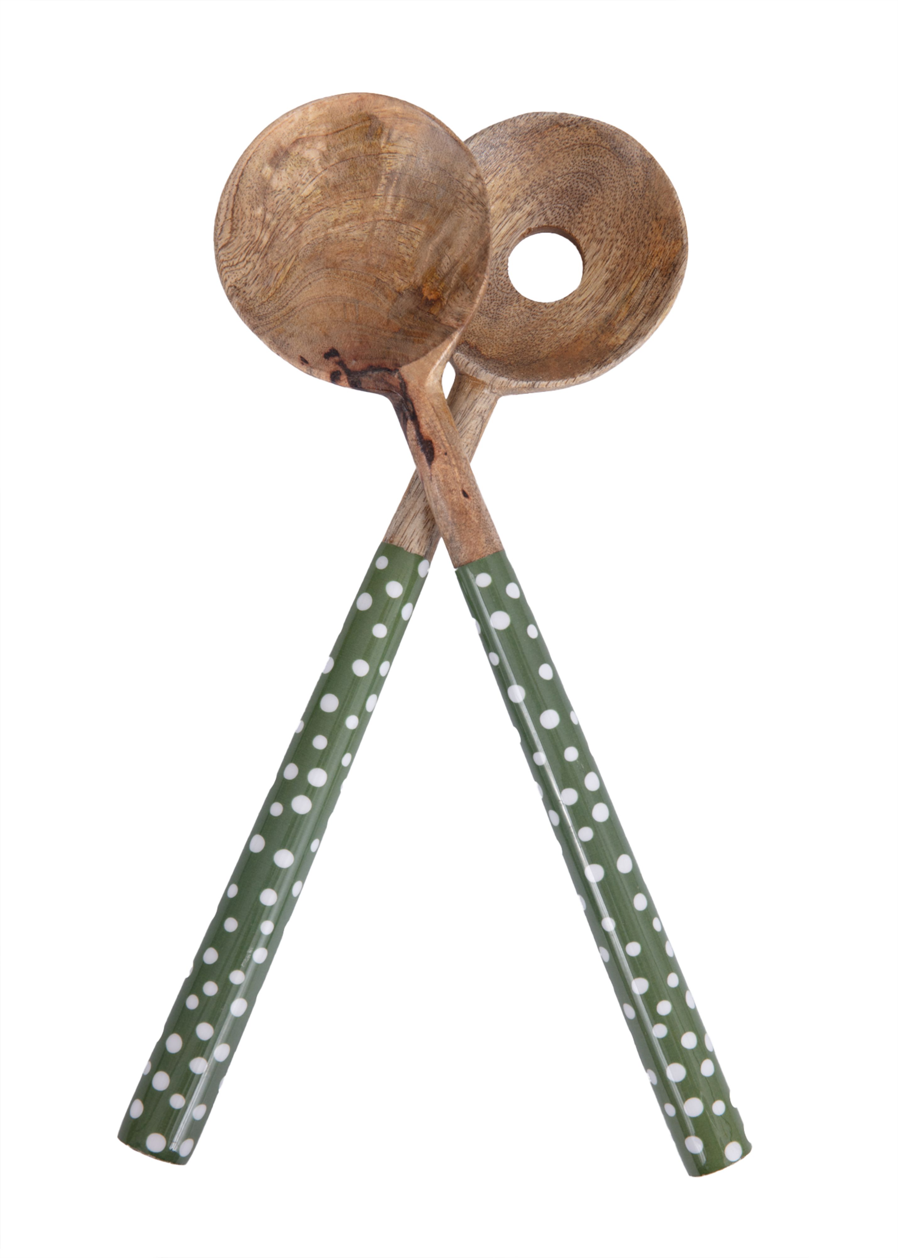 Mango Wood Spotted Salad Servers Green