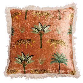 Tiger Print Velvet Cushion with Fringe