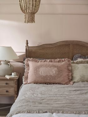 French Bedroom_Ruffled Linen and Lace Blush Cushion Cover_£120