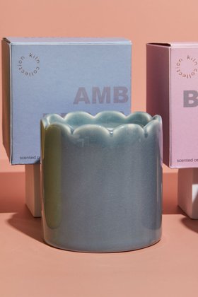 Scalloped Blue Ceramic Candle in Amber & Bergamot