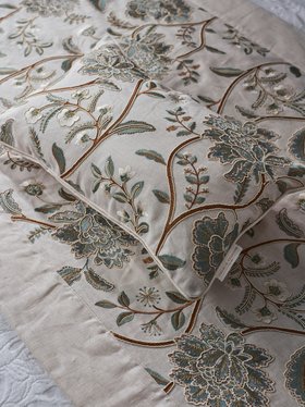 French_Bedroom_Pressed Flowers Embroidered Cushion in Tourmaline and Hazelnut_£60