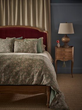 French Bedroom_Love Story Cocoon Upholstered Bed in Berry Velvet_£1795