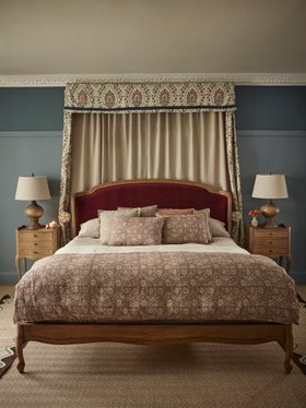 French Bedroom_Love Story Cocoon Upholstered Bed in Berry Velvet_£1795
