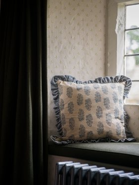 French_Bedroom_Harvest Handblock Ruffle Velvet Cushion in Blue_£60