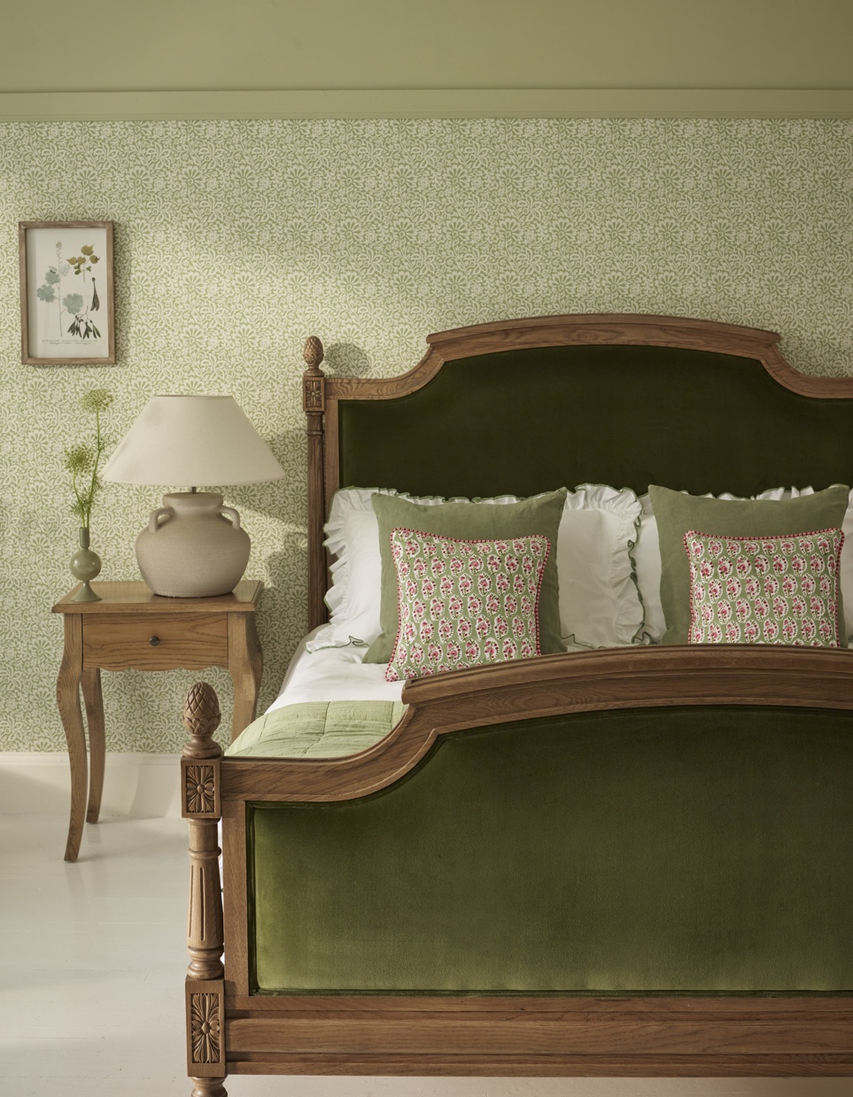 French Bedroom_Love Story Olive Velvet Finial Bed_£1795