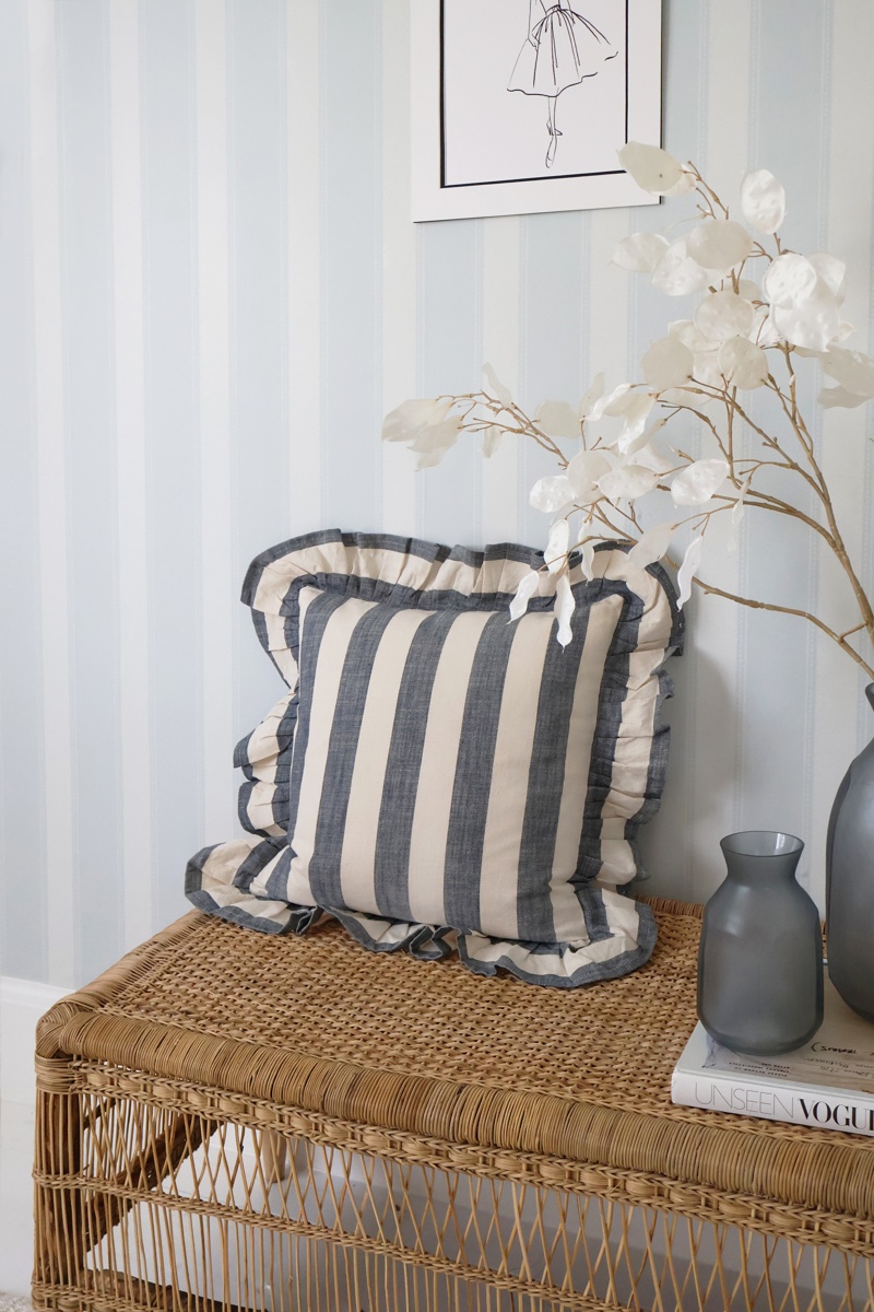 French Bedroom_Miranda Blue Stripe Ruffle Cushion_£48