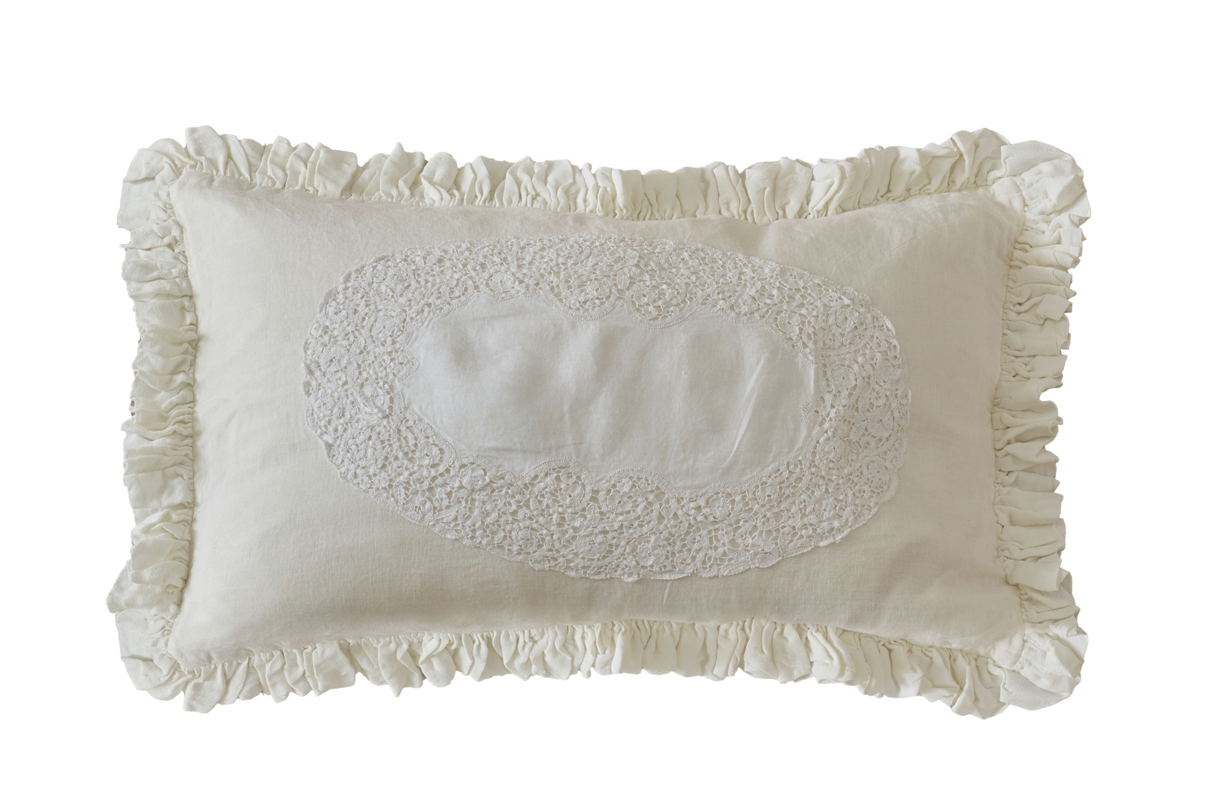 French Bedroom_Ruffled Linen and Lace White Cushion Cover_£110