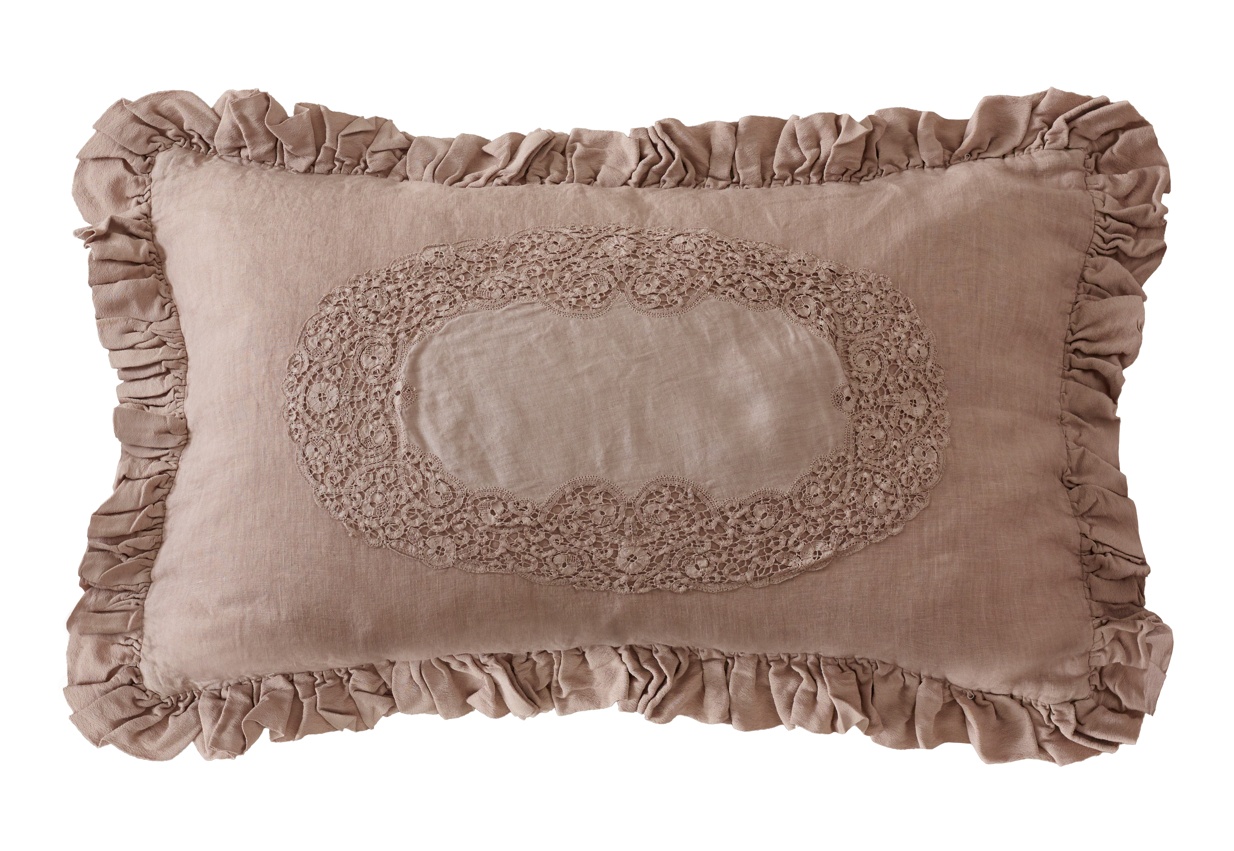 French Bedroom_Ruffled Linen and Lace Blush Cushion Cover_£110