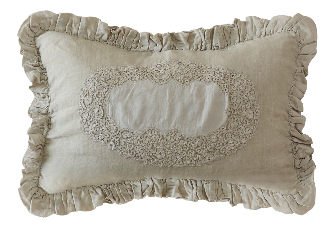 French Bedroom_Ruffled Linen and Lace Nude Cushion Cover_£110