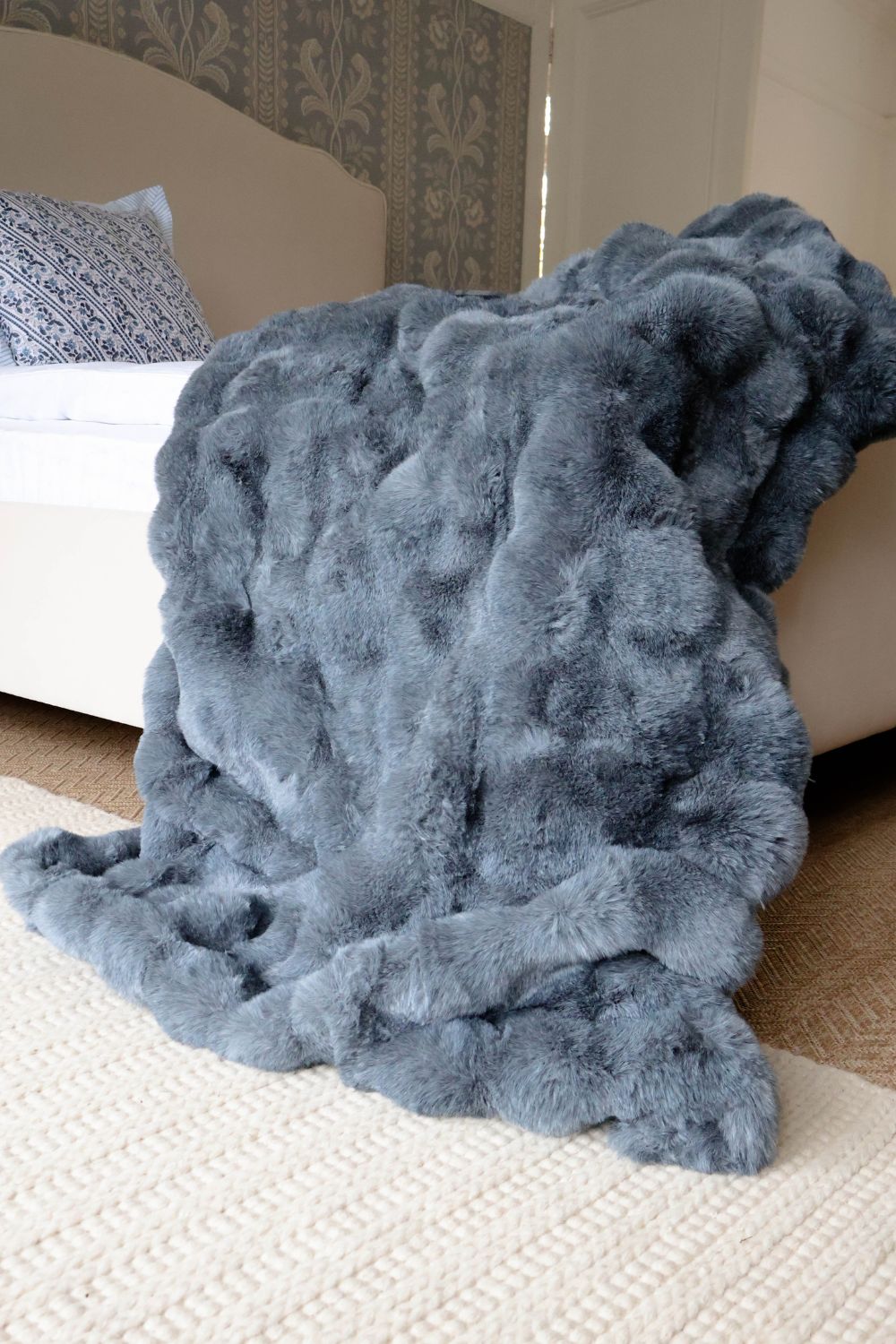 French Bedroom_Slate Blue Faux Fur Throw_£110