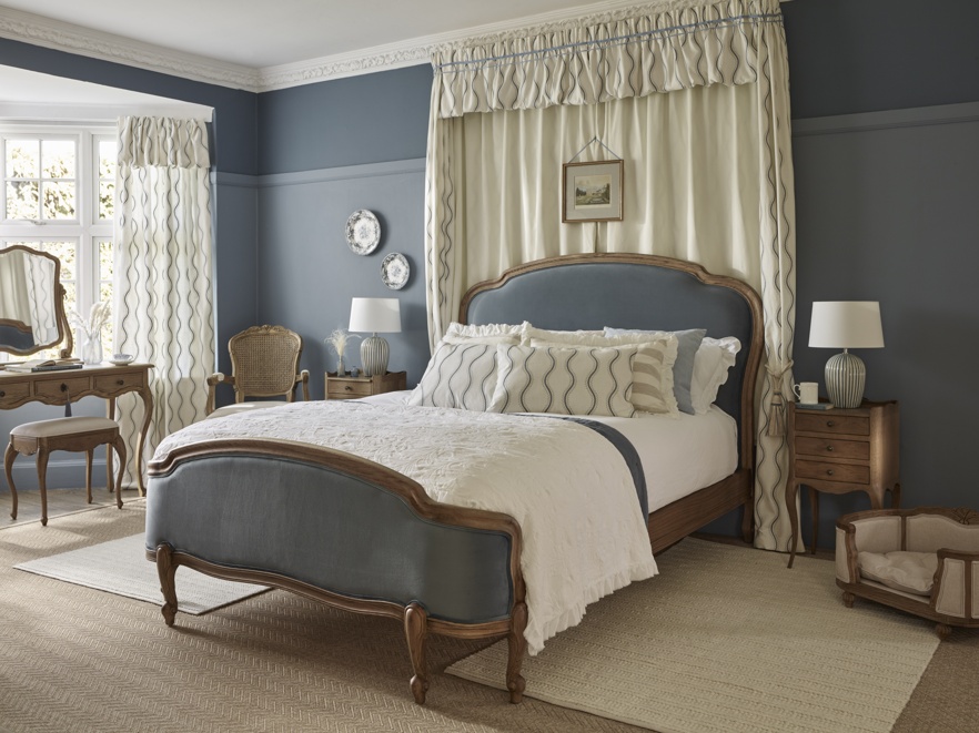 French Bedroom_Love Story Blue Velvet Upholstered French Bed_£1795