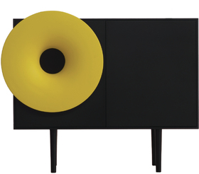 Miniforms Caruso Musical Sideboard in black with yellow 'trumpet speaker' & Blutetooth sound