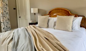 Kendal Herringbone Latte  Soft Merino Wool Blanket & Topaz Blue