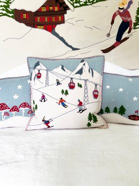 Little Skiers Cushion (Cream, Duck Egg Blue)