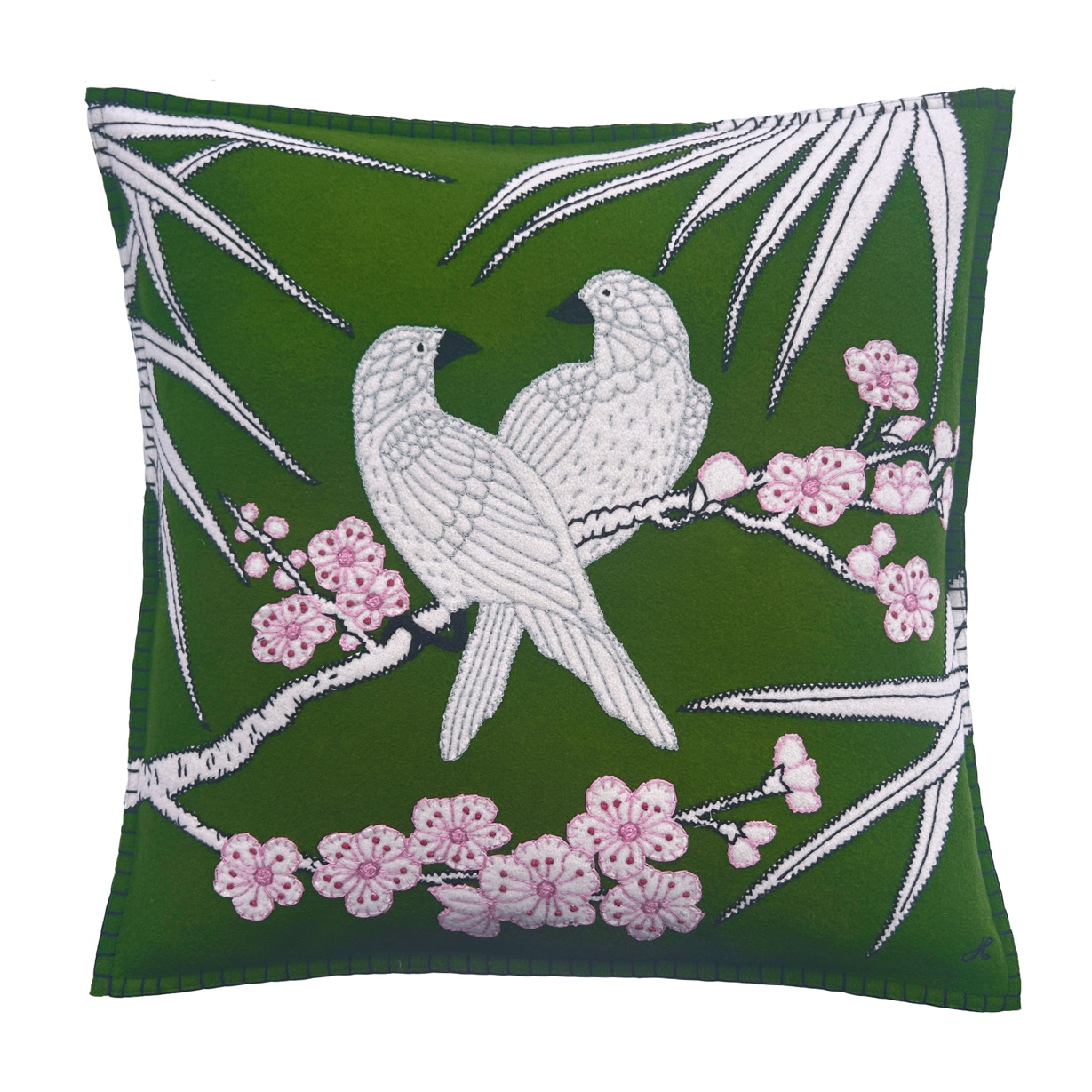 Bamboo Birds Cushion (Deep Green)