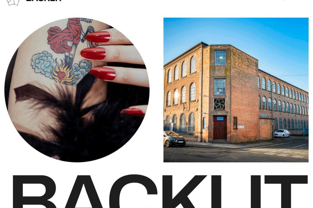 The Backlit homepage, with the gallery’s arched-window logo, a circular photograph of a tattooed arm and a photograph of the Victorian factory building that houses the studios.