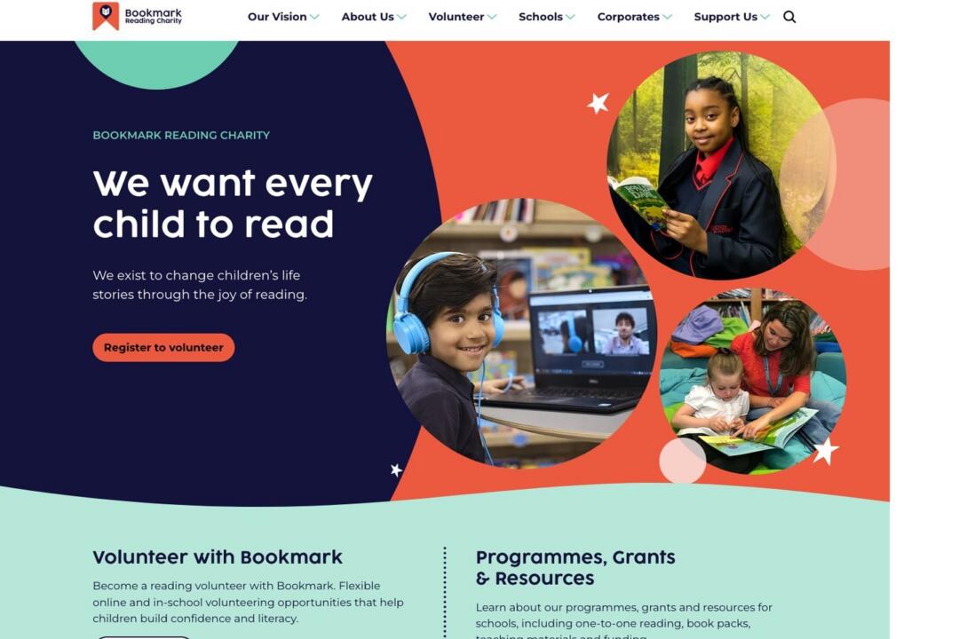 The Bookmark Reading homepage, headlined “We want every child to read”, with circular photographs of children reading and a button to register as a volunteer.