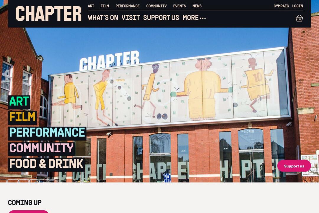 The Chapter homepage, showing the venue’s illustrated frontage with the words Art, Film, Performance, Community and Food and Drink stacked over it.