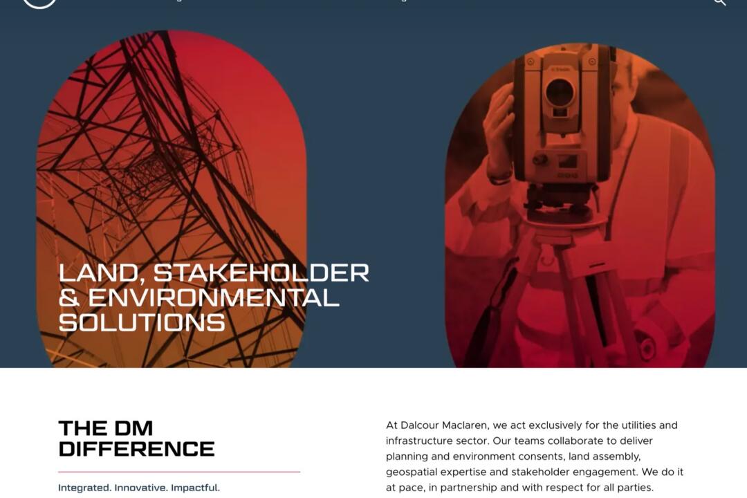 The Dalcour Maclaren homepage: a navy header with Why DM?, Our services, Sectors, Regions and Careers menus, above two arched photos of an electricity pylon and a surveyor at a total station, and the headline “Land, stakeholder & environmental solutions”.