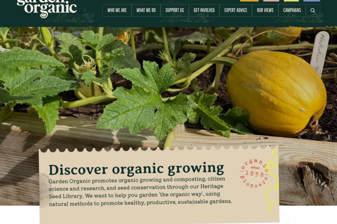 The Garden Organic homepage, headlined “Discover organic growing”, over a photograph of a squash ripening in a raised bed.