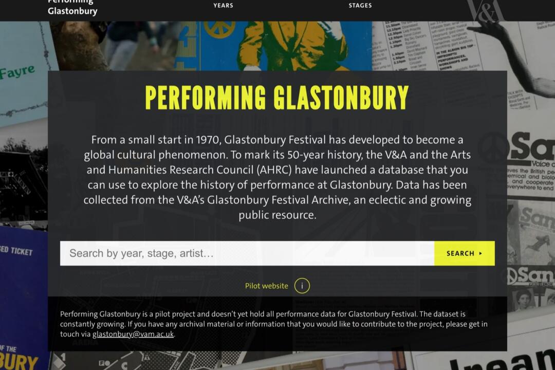 The Performing Glastonbury homepage, its title set in yellow over a collage of festival tickets, posters and programmes, with a search box for year, stage and artist.
