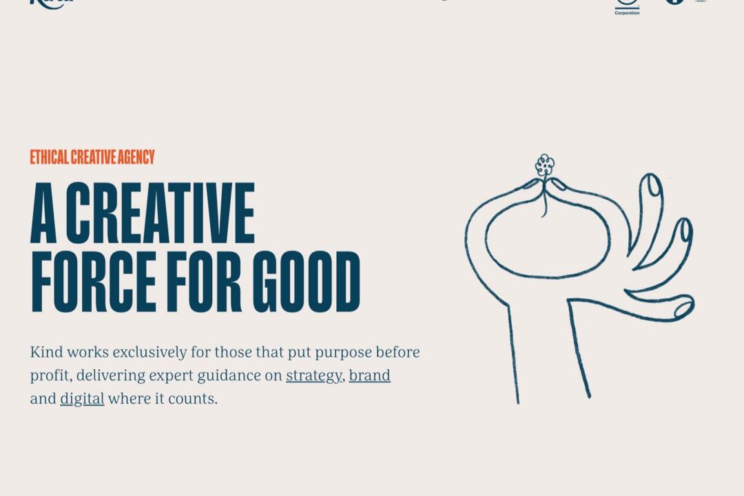 The Kind homepage, headlined “A creative force for good”, with a line drawing of two hands cupping a seedling.