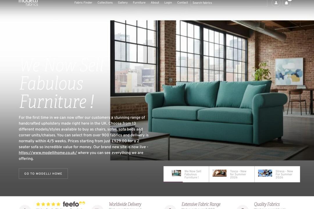 The Modelli Fabrics homepage, with a teal sofa in a loft interior, a fabric search box and a basket, above panels for worldwide delivery and free samples.