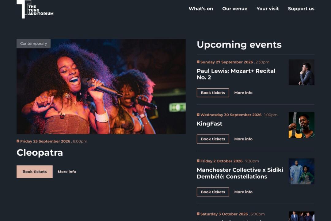 The Tung Auditorium homepage, showing a featured concert with a Book tickets button beside a list of upcoming events, each with its own booking link.