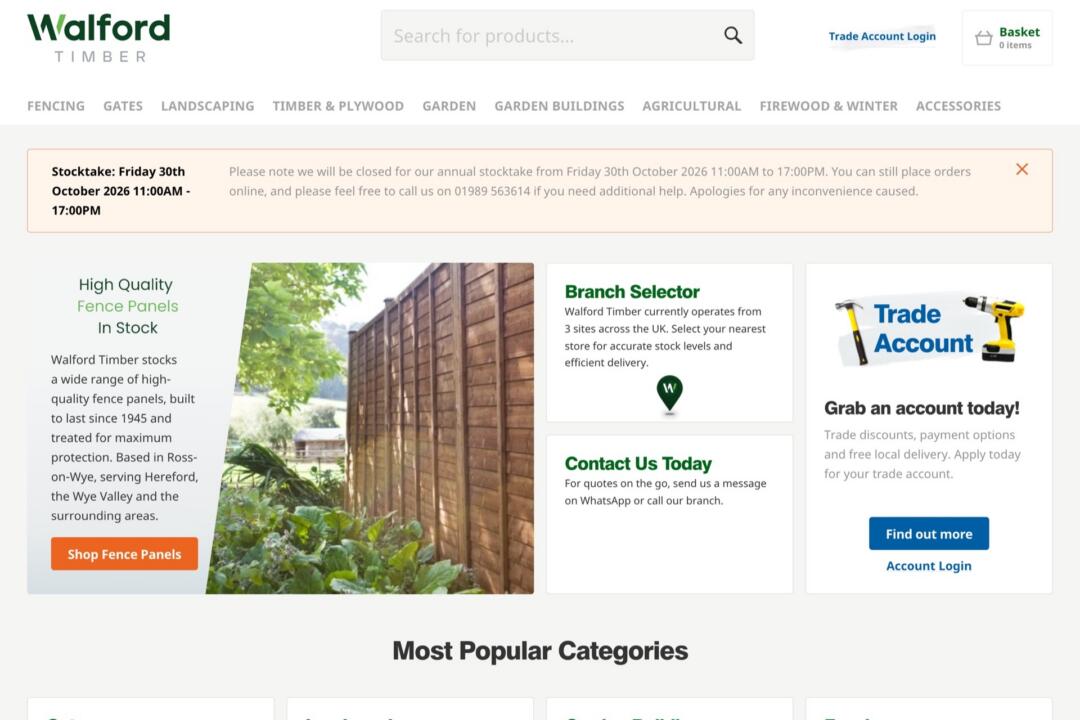 The Walford Timber homepage, with a trade account login, a basket, a branch selector for picking your nearest yard, and an editable site-wide notice about a stocktake closure.