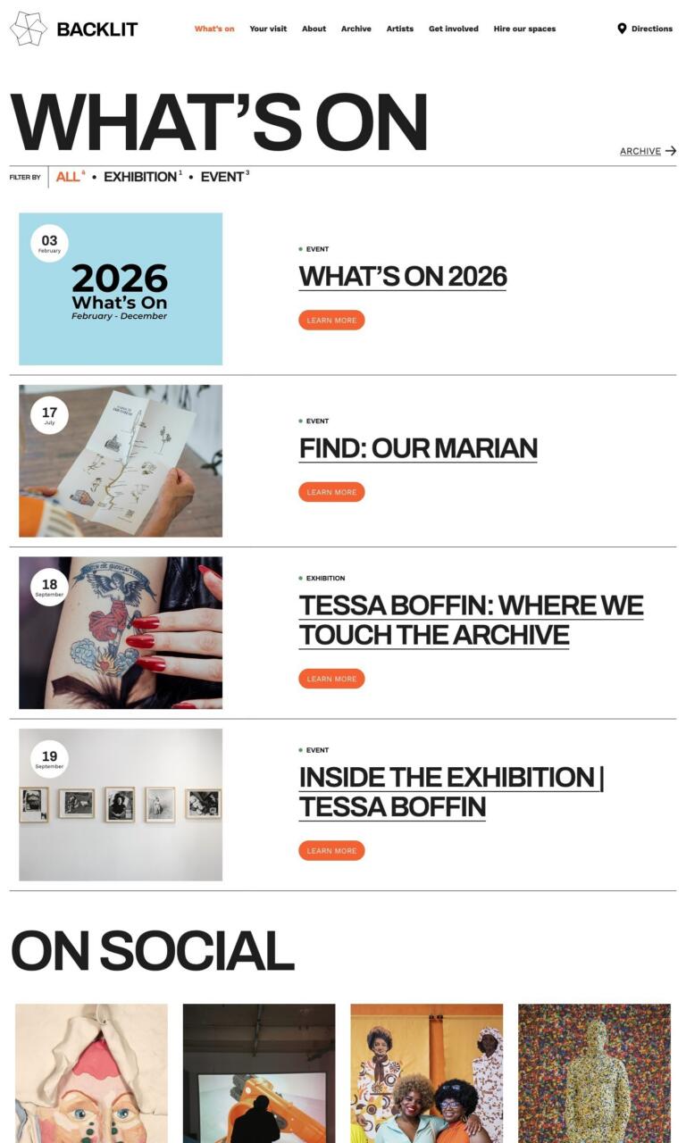 The Backlit what's on page, listing events and exhibitions with date badges and filters for event type.