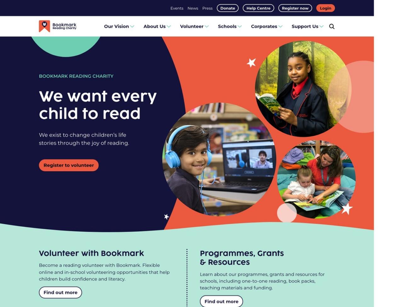 The Bookmark Reading homepage, headlined “We want every child to read”, with circular photographs of children reading and a button to register as a volunteer.