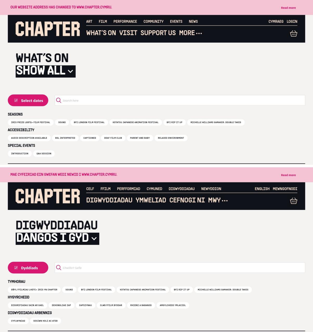 The same What’s On page shown twice, in English above and Welsh below, with identical layout and every heading, filter and label translated, including the accessibility filters.