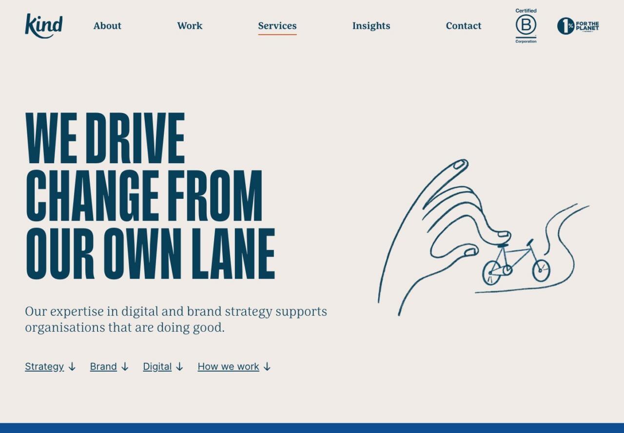 The services page of the Kind website, with bold condensed headings and the B Corporation and 1% For The Planet marks in the header.