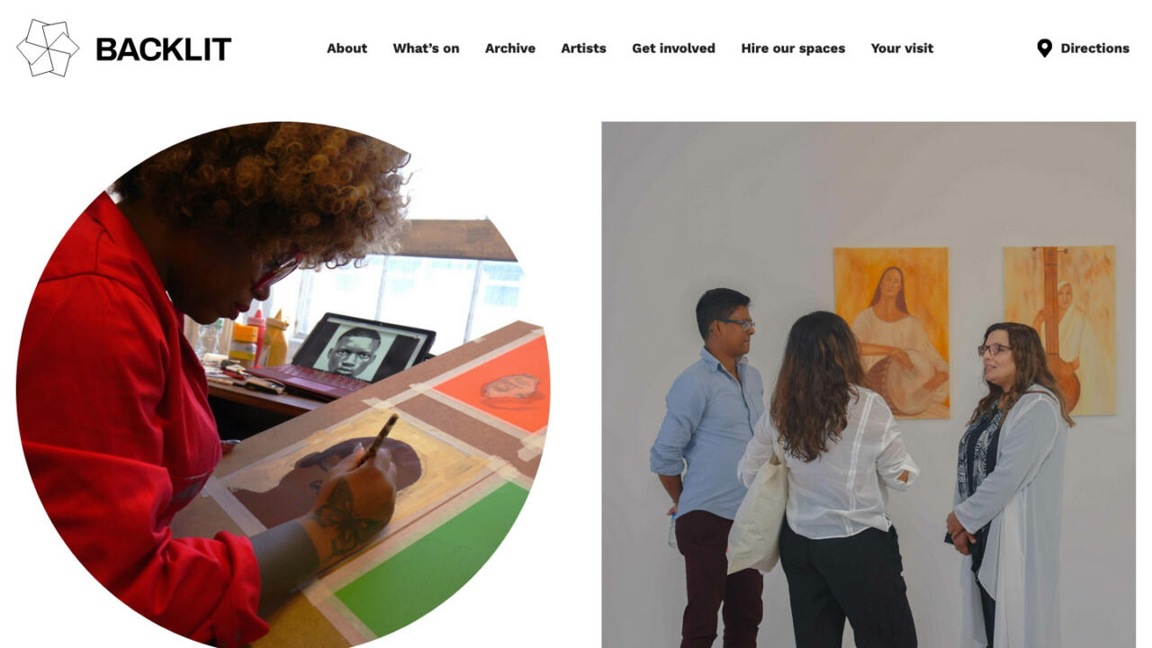 The Backlit website shown as a full-length page, with exhibitions, social posts and a hire a space section.