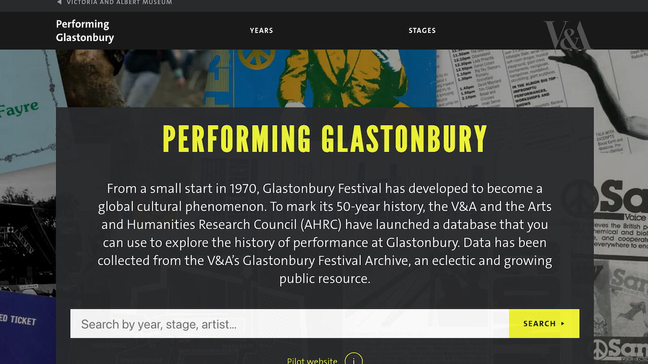 The Performing Glastonbury archive homepage, with a search box above a grid of festival records.