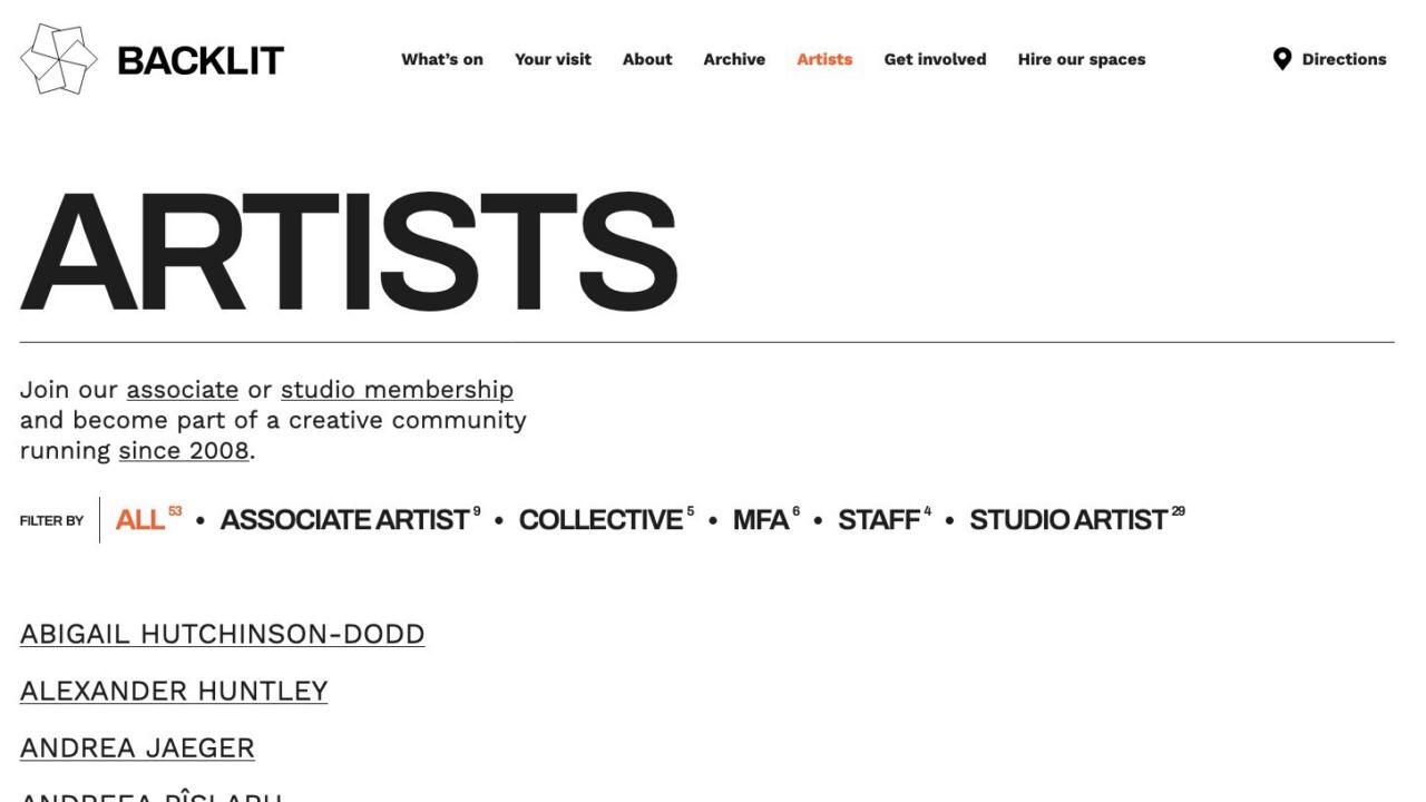 The Backlit artists page, listing studio artists with filters for associate artists, collectives, MFA, staff and studio artists.
