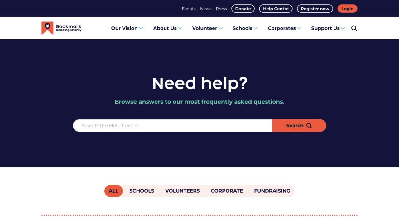 The Bookmark help centre, with a search box and answers grouped into categories for schools, volunteers, corporate supporters and fundraising.