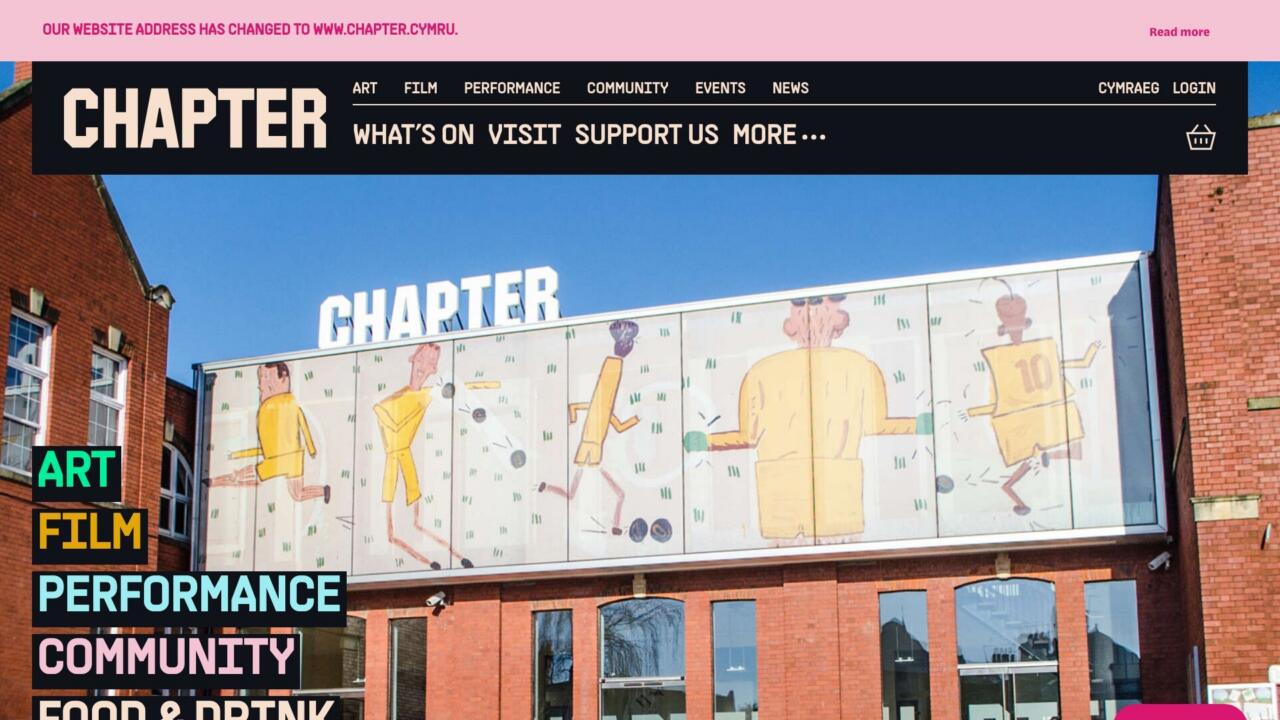 The Chapter homepage, showing the venue’s illustrated frontage with the words Art, Film, Performance, Community and Food and Drink stacked over it.