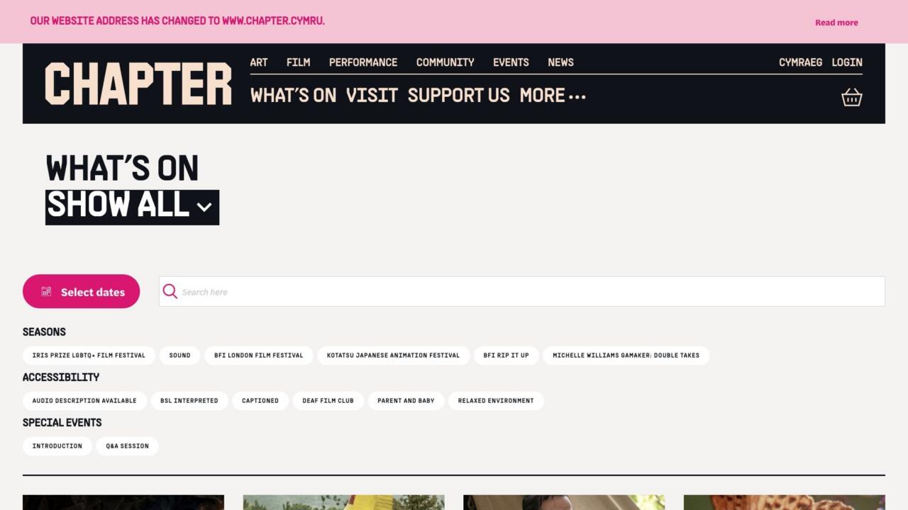 The Chapter what’s on page, with filters for seasons, accessibility and special events above a grid of film and performance listings.