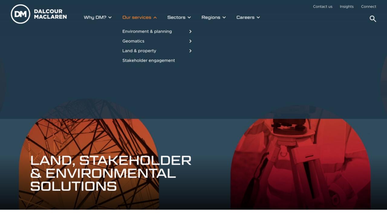 The Dalcour Maclaren header with the Our services menu open, listing Environment & planning, Geomatics and Land & property, each with an arrow to a further level, and Stakeholder engagement as a direct link.