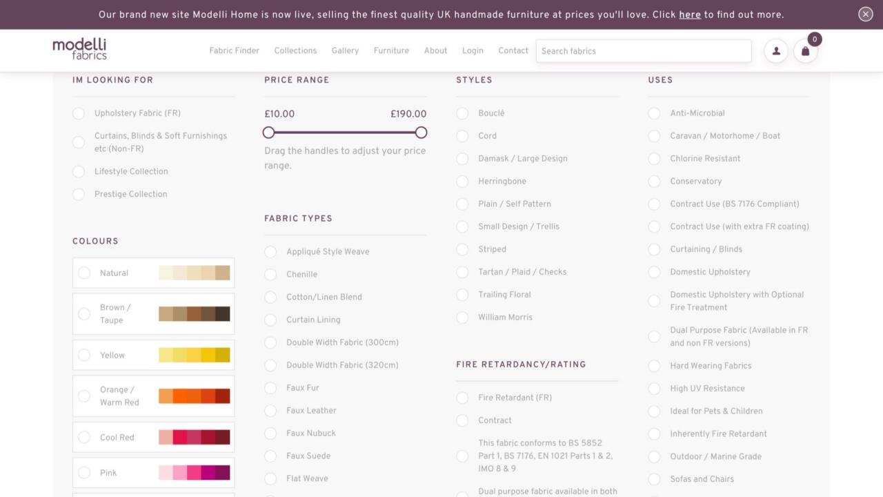 The Modelli fabric finder, filtering thousands of fabrics by colour swatch, price range, fabric type, style, fire-retardancy rating and intended use.